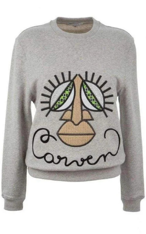 Woven Gray Cotton Embroidered Face Sweatshirt