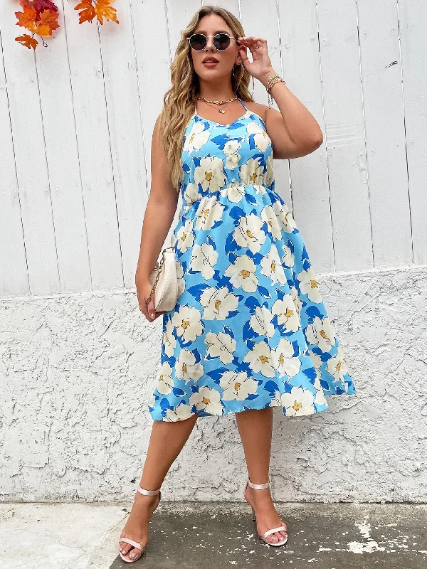 Boho All Over Print Shirred Sleeveless Halter Flared High Waist Midi Plus Size Dress