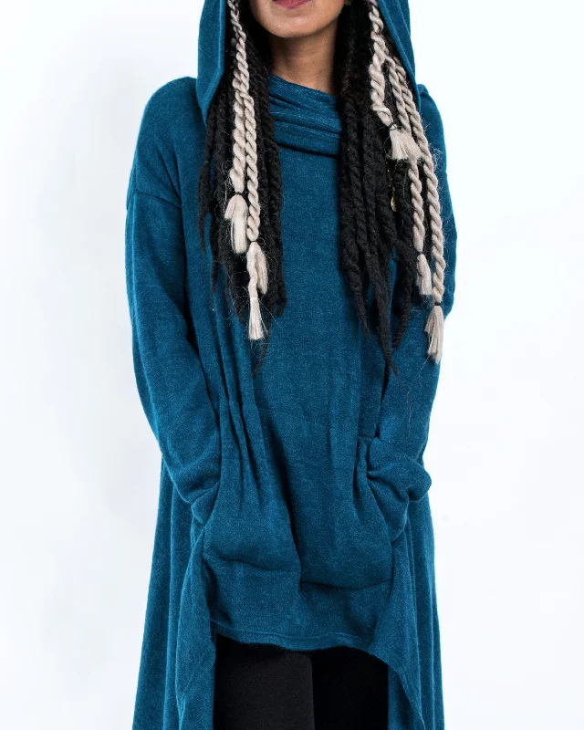 Ultra Long Hooded Sweater in Blue