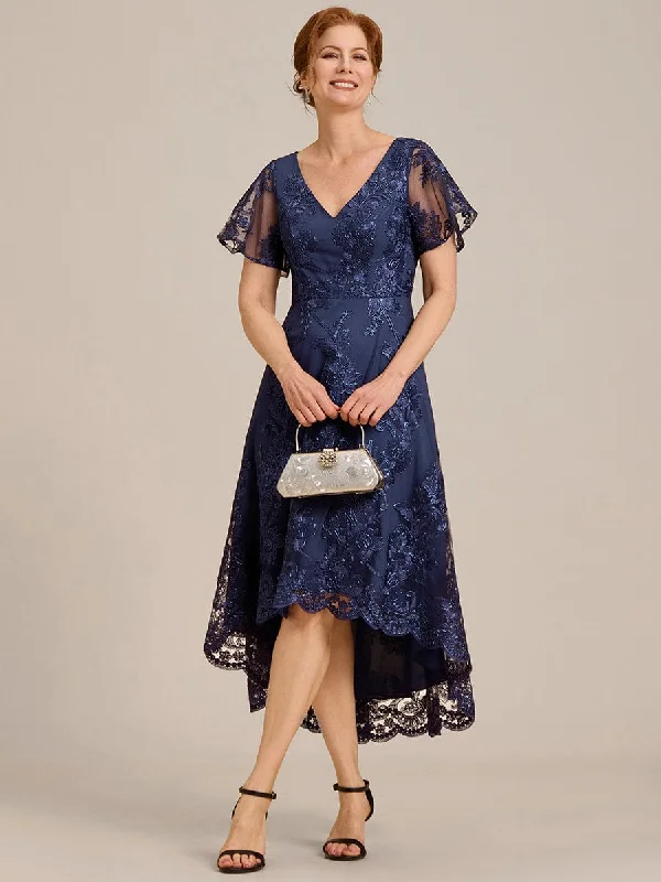 Bonnie | Embroidered Mesh Double V Neck Midi Mother of the Bride Dress