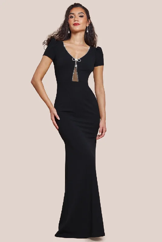 Goddiva Diamante Embellished Bow Scuba Crepe Maxi Dress