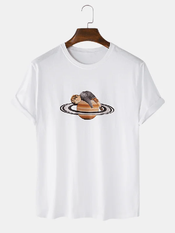 Mens Cotton Breathable Cartoon Saturn & Boy Print Short Sleeve Casual T-Shirts