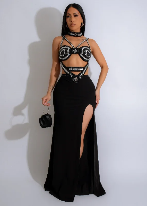 Noir Glamour Rhinestones Maxi Dress Black