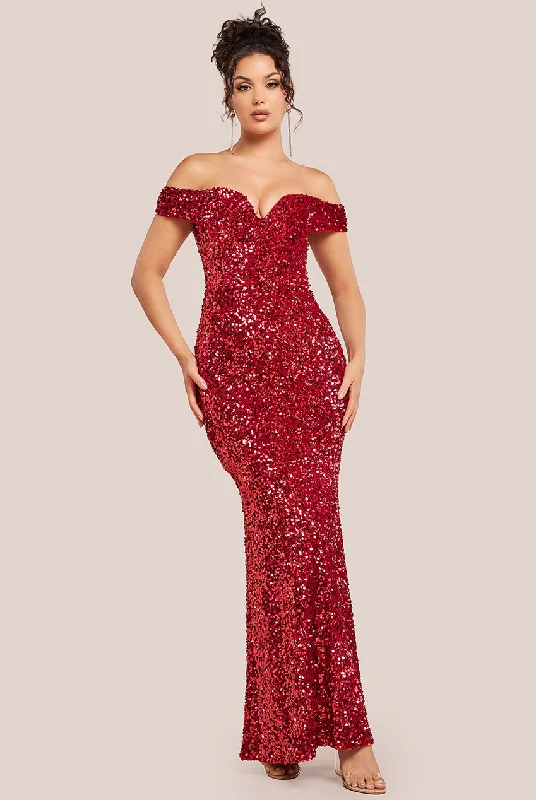 Goddiva Sequin Velvet Bardot Evening Maxi Dress