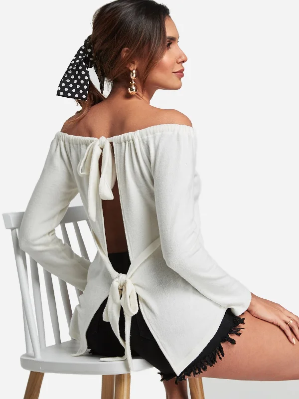 Custom Off The Shoulder Backless Self-Tie Long Sleeve White Top