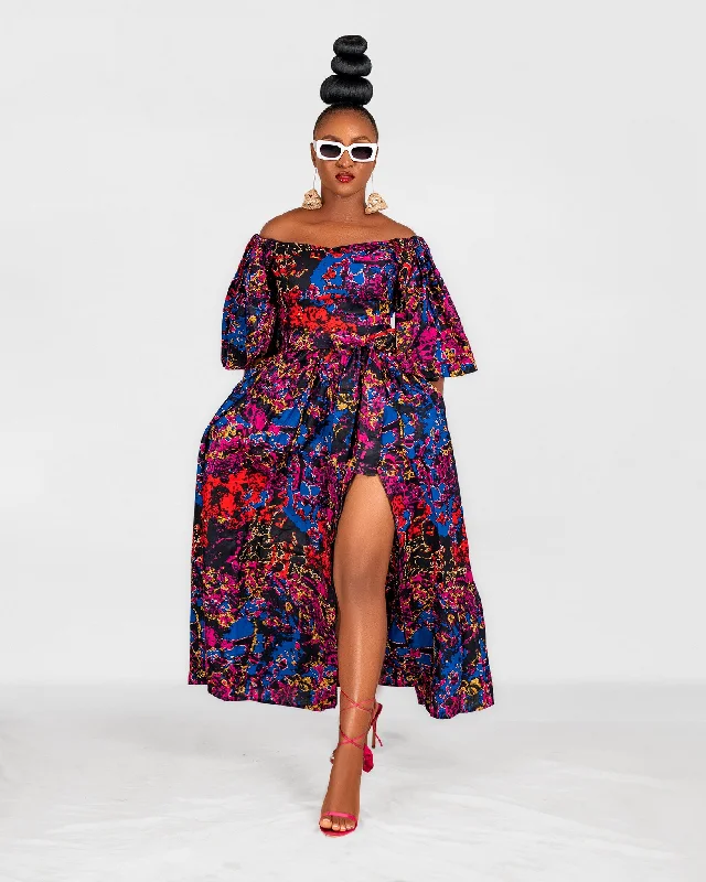 Nana Ankara Off Shoulder Maxi Dress | Blue and Pink Multicoloured African Print