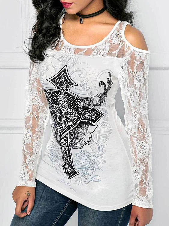 Wholesale White Round Neck Cold Shoulder Long Sleeve Printed Lace T-Shirts