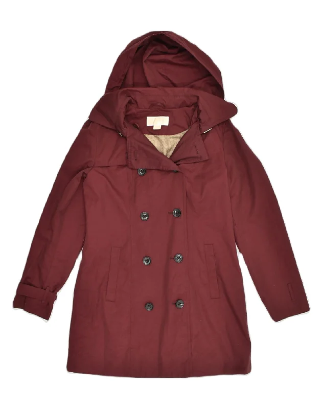 MICHAEL KORS Womens Hooded Double Breasted Coat UK 14 Medium Maroon Cotton