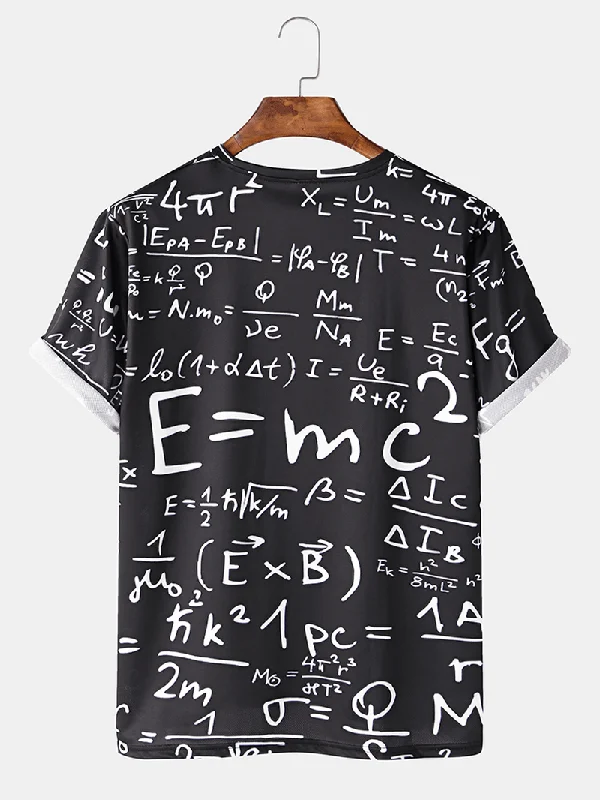 Mens Funny Doodle Math Formulas Print Casual Black Short Sleeve T-Shirts