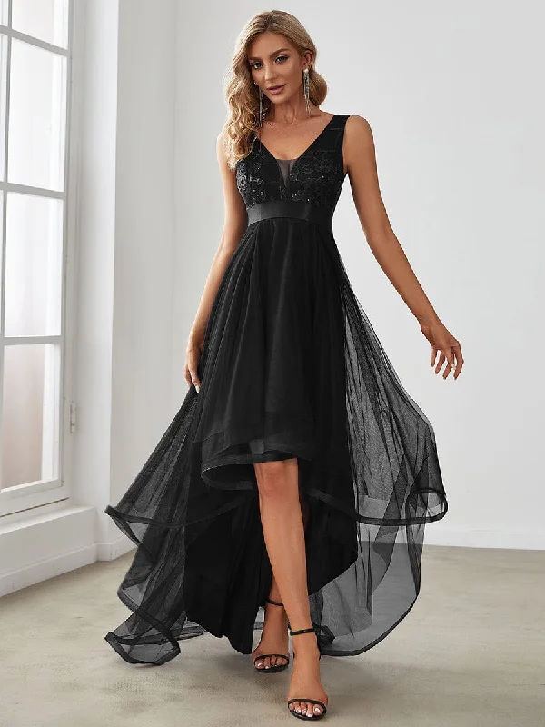 Fashion High-Low Deep V Neck Tulle Evening Dresses with Sequin Appliques