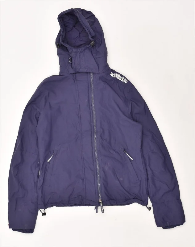 SUPERDRY Womens Hooded Rain Jacket UK 14 Large Navy Blue Nylon