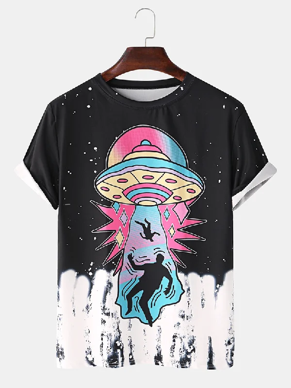 Mens Funny Cartoon UFO Print Breathable Short Sleeve T-Shirts