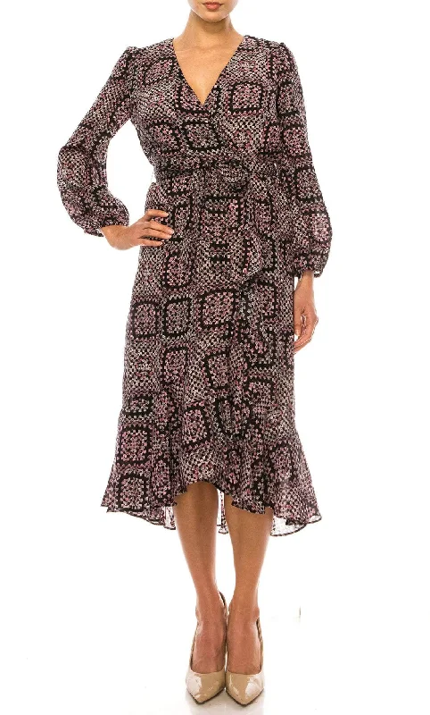 Maison Tara 95611M - Faux Wrap Long Sleeve Dress