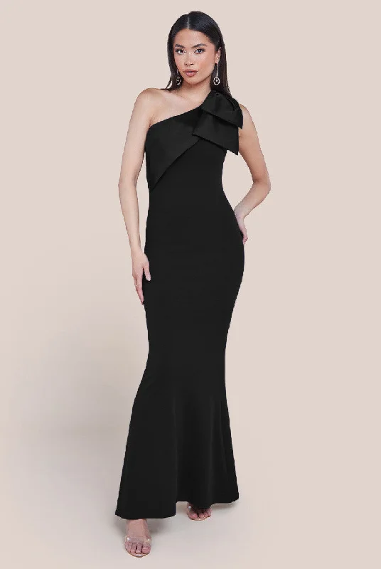 Goddiva One Shoulder Satin Bow Scuba Crepe Maxi Dress