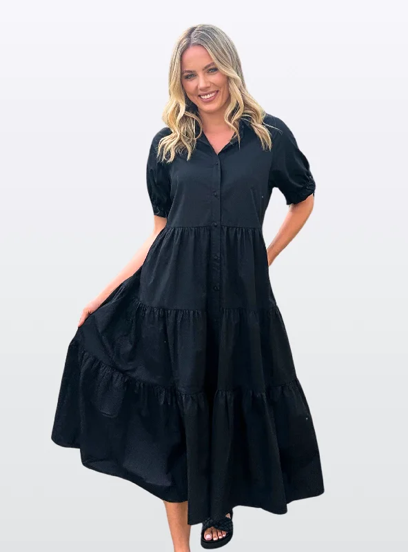 LAURA TIERED MIDI DRESS - Black