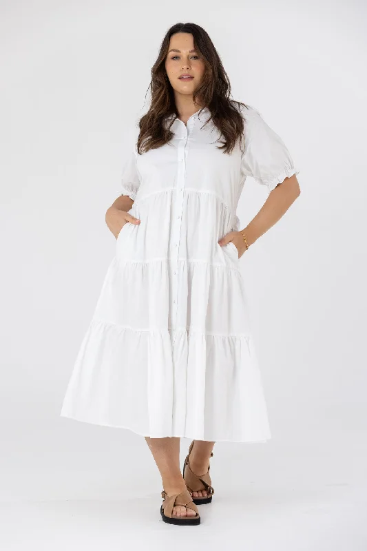 LAURA TIERED MIDI DRESS - White