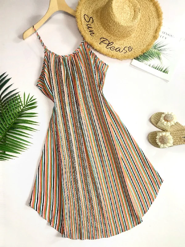 Boho Striped Sleeveless Spaghetti Strap Flared Midi Plus Size Dress