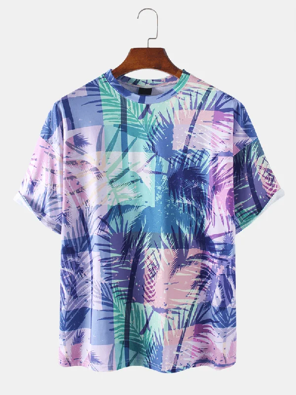 Cotton Mens Colorful Tropical Plant Leaves Print Holiday Short Sleeve T-Shirts