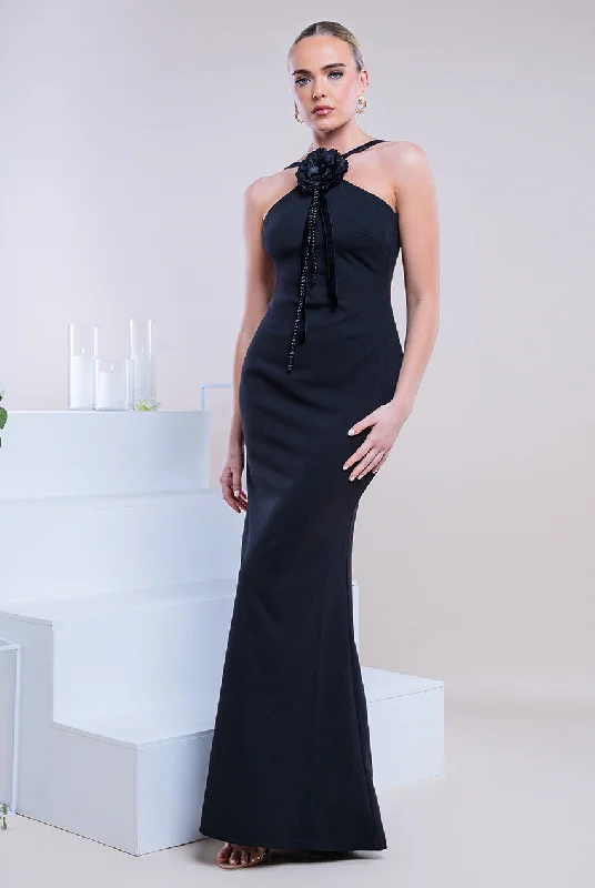 Goddiva Racer Neck Corsage Scuba Maxi Dress