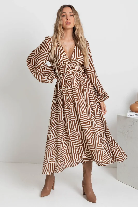 Solana Midi Dress - Abstract Choc Print