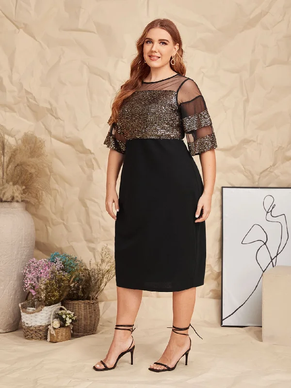 Glamorous Colorblock Zipper Half Sleeve Round Neck Straight High Waist Midi Plus Size Dress