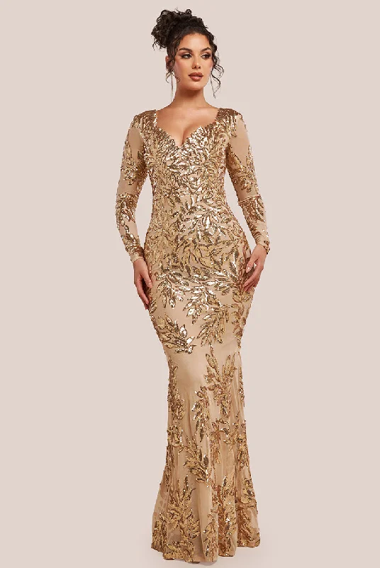 Goddiva Long Sleeve Sequin Leaf Long Sleeve Maxi Dress