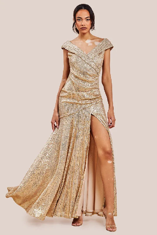 Goddiva Bardot Sequin Pleated Maxi Dress