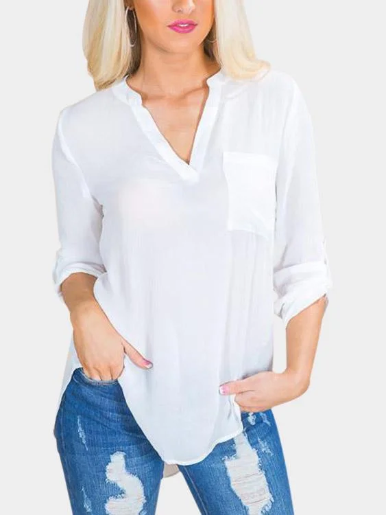 OEM ODM V-Neck Plain Long Sleeve Irregular Curved Hem White T-Shirts