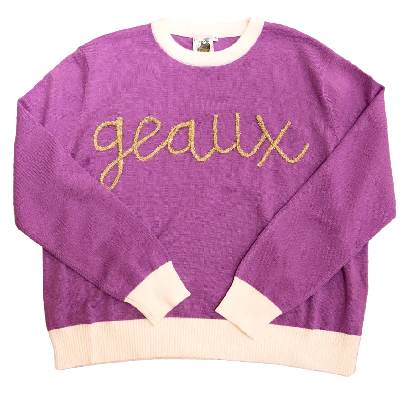 Licensed- Purple Long Sleeve "Geaux" Glitter Script Sweater