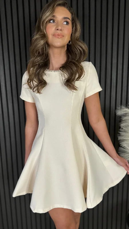 Kitty Beige Embellished Neckline Skater Mini Dress