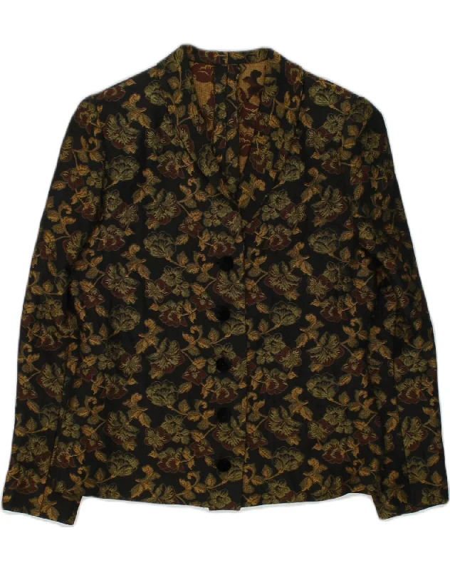 VINTAGE Womens 5 Button Blazer Jacket UK 12 Medium Black Floral