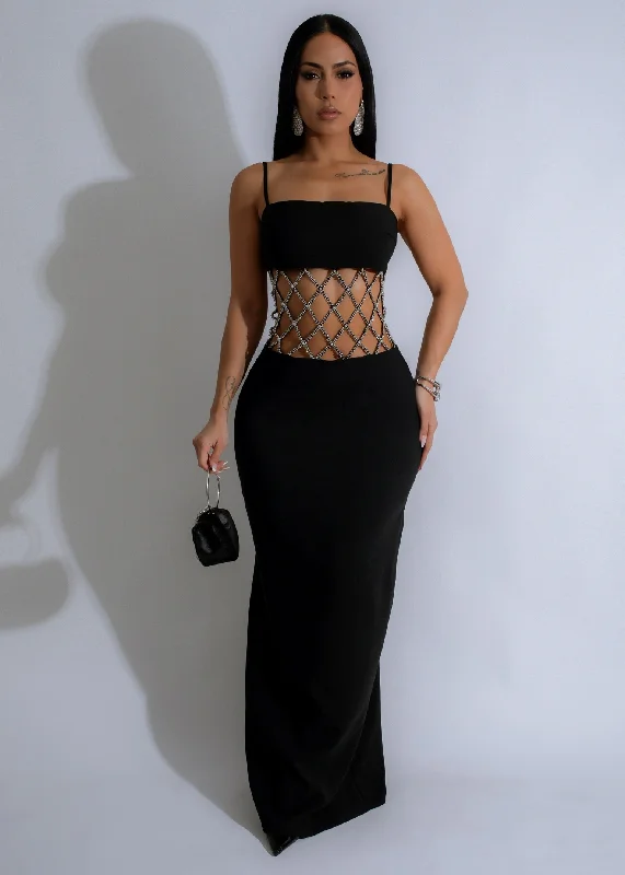 Radiant Web Rhinestones Maxi Dress Black