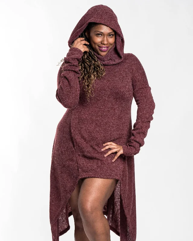 Ultra Long Hooded Sweater in Maroon